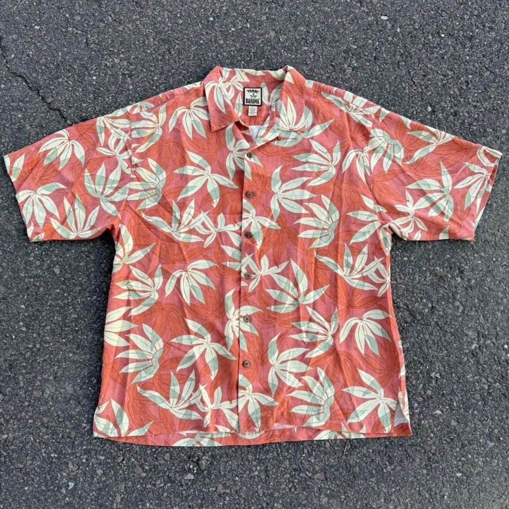 Tommy Bahama coral pink‎ & green silk floral button up Size XL